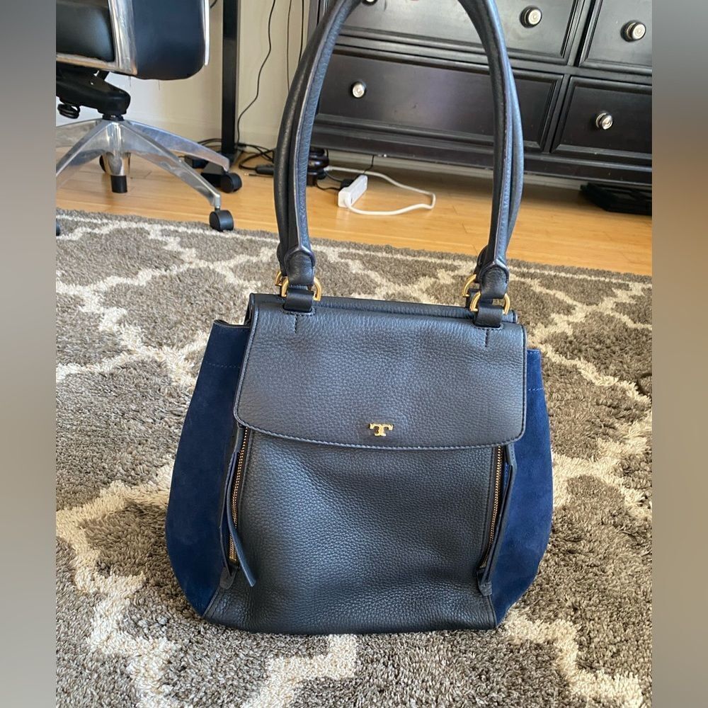 Tory Burch Black Leather Large Half Moon Satchel Purse